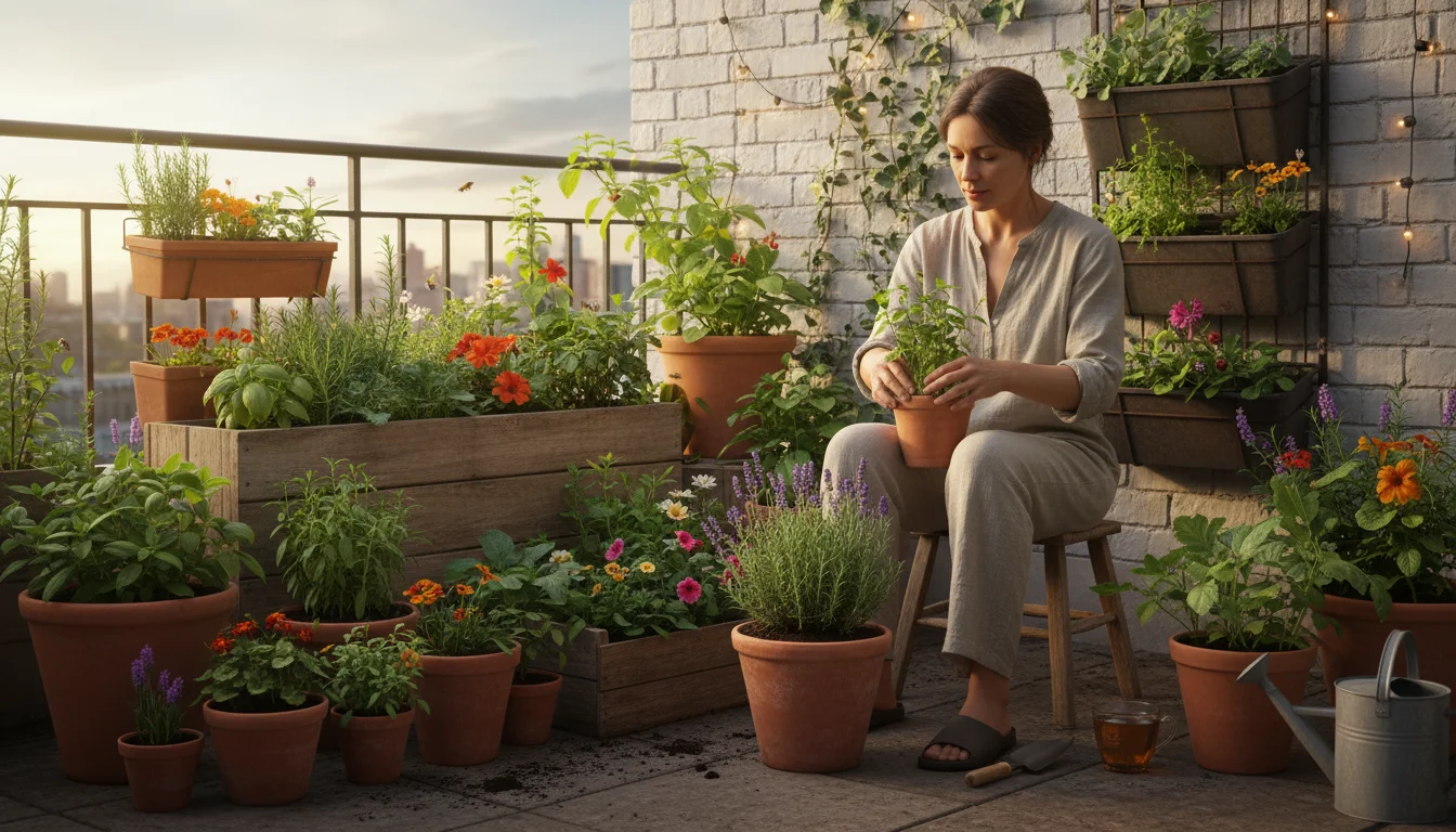 A woman tending her vibrant container garden on a sunlit patio, with healthy plants in diverse pots and planters.