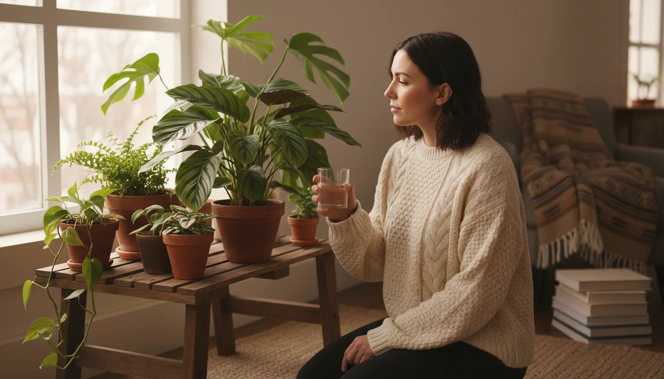 A woman holds a highly diluted fertilizer solution, contemplating an indoor foliage plant on a wooden stand in soft winter light.