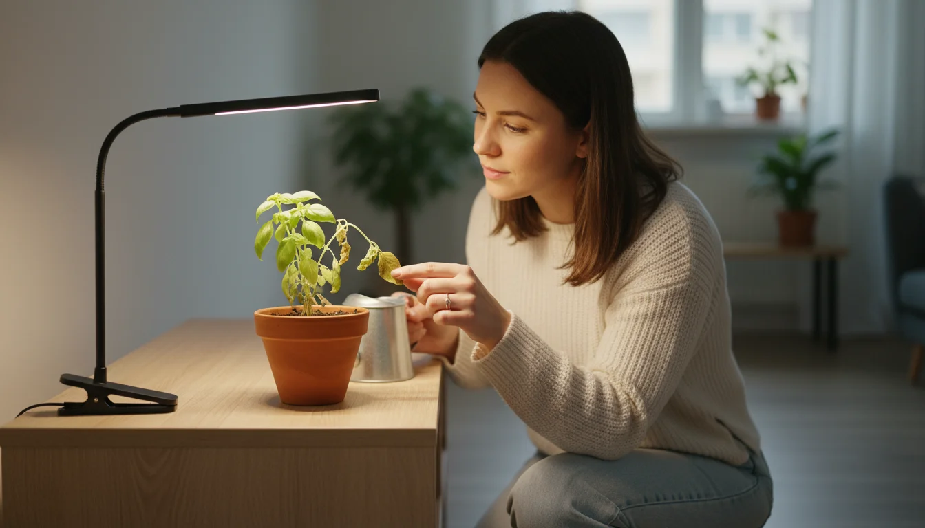 A woman gently inspects her potted basil with yellowing leaves under a small LED grow light on a console table.