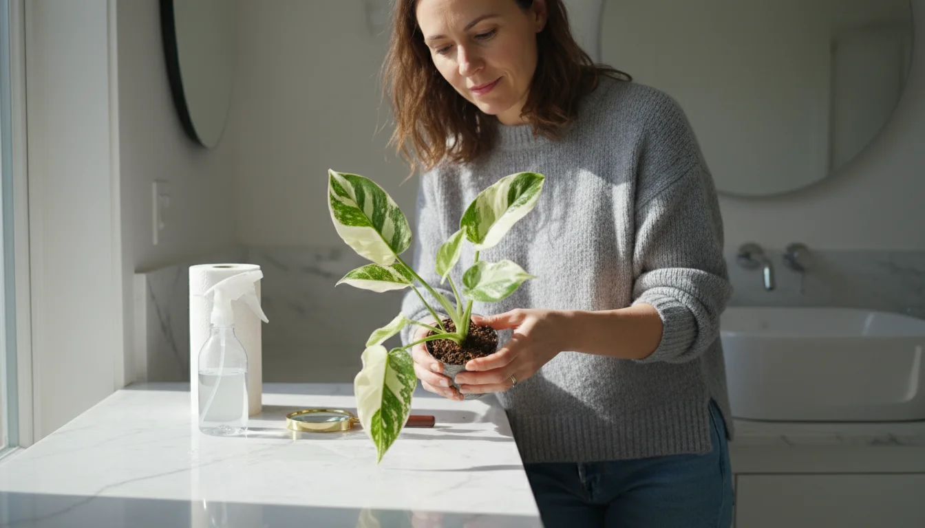 Woman carefully inspects a new variegated houseplant on a clean bathroom counter, with a spray bottle and magnifier nearby.