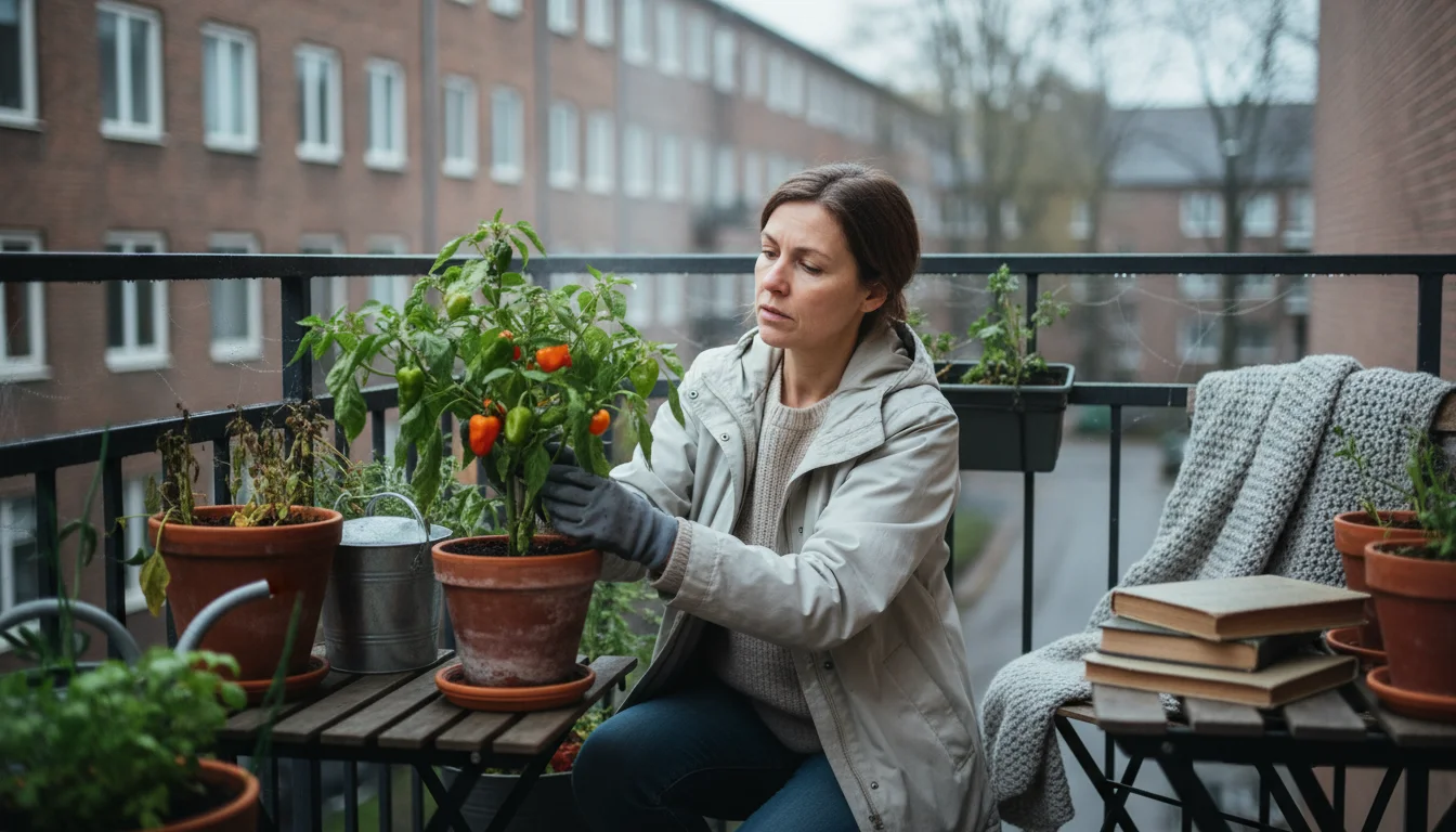 Woman kneeling on a balcony, gently touching leaves of a potted pepper plant in cool, overcast autumn light.