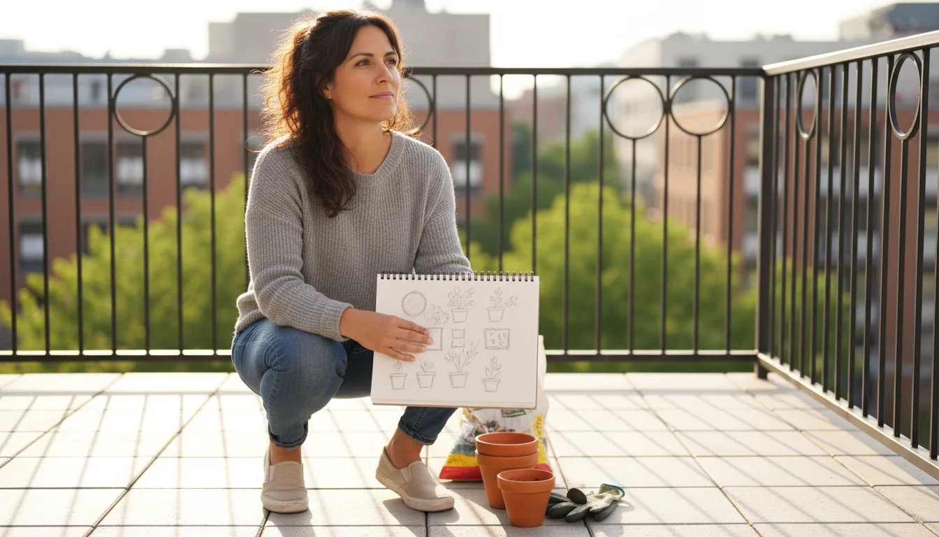 Woman kneeling on a patio, looking from a sketchbook with garden plans to empty pots, embodying thoughtful garden design.