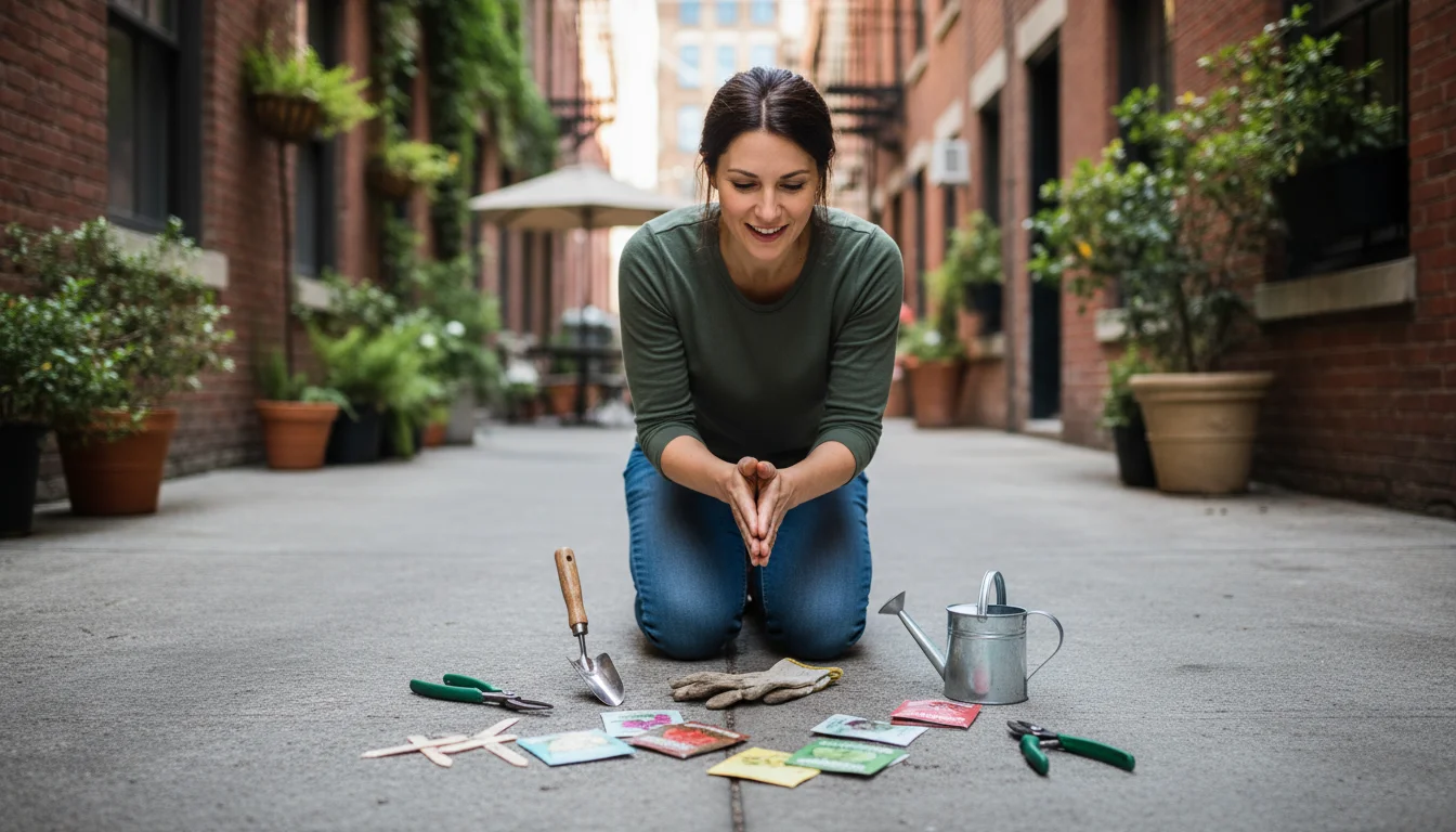 Woman kneeling on a patio, looking at a spread of small gardening tools like trowels, pruners, and gloves, surrounded by container plants.