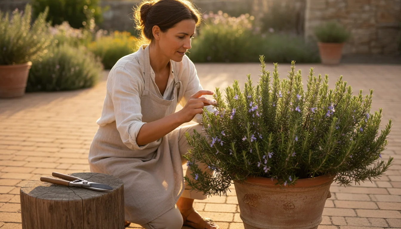 Woman kneeling on a patio, thoughtfully observing a rosemary plant in a terracotta pot before pruning, with pruners nearby.