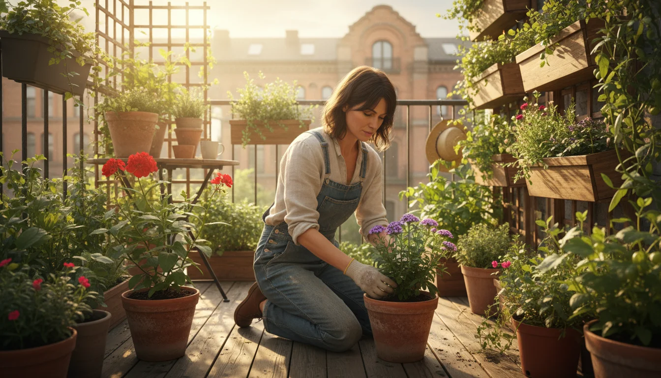 Woman kneeling on a sunlit urban balcony, arranging a purple verbena plant into a terracotta pot surrounded by various containers, a vertical planter,