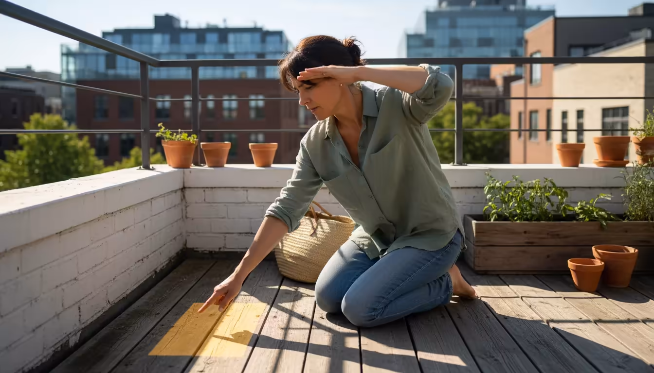 Woman kneeling on a sunny urban balcony, observing sun patterns and shadows, surrounded by diverse empty gardening pots.