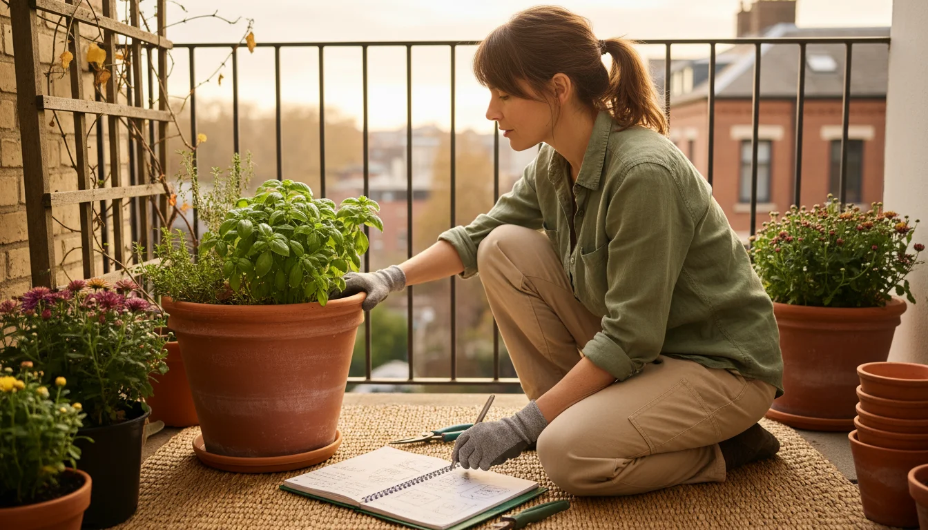 Woman kneeling by a terracotta pot with basil, looking at a notebook with sun path diagrams on a small balcony.