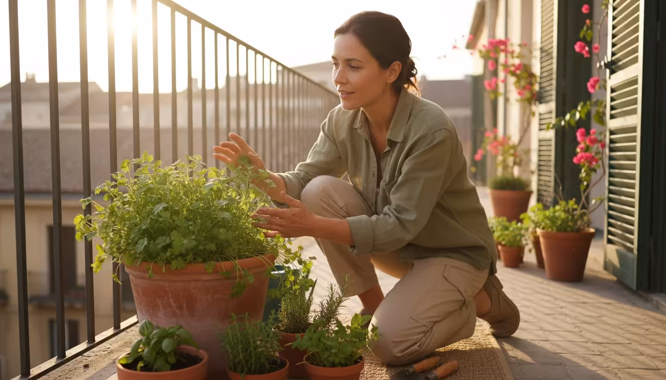 A woman kneels beside a large terracotta pot of lush green cilantro on a sunny balcony, observing the plant with a thoughtful expression.