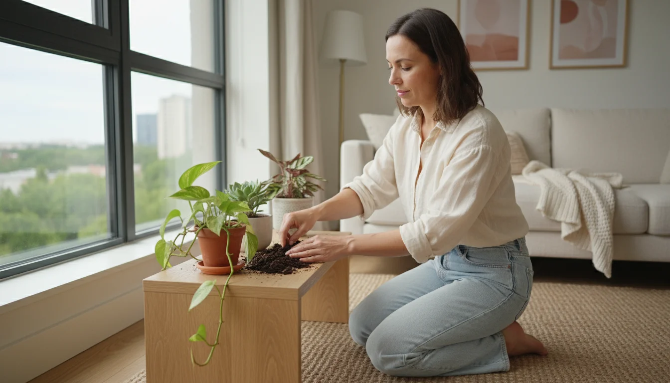 A woman kneels, checking soil moisture in a potted Pothos with yellowing leaves while observing window light in a bright room.