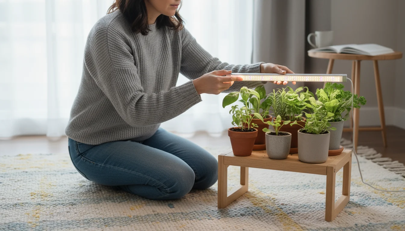A woman kneels, holding a slim LED grow light bar above potted herbs on a wooden stand in a bright apartment.