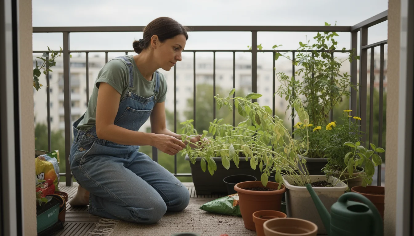 A woman kneels on a small balcony, thoughtfully examining leggy container plants like basil and marigolds stretching for light, with city buildings bl