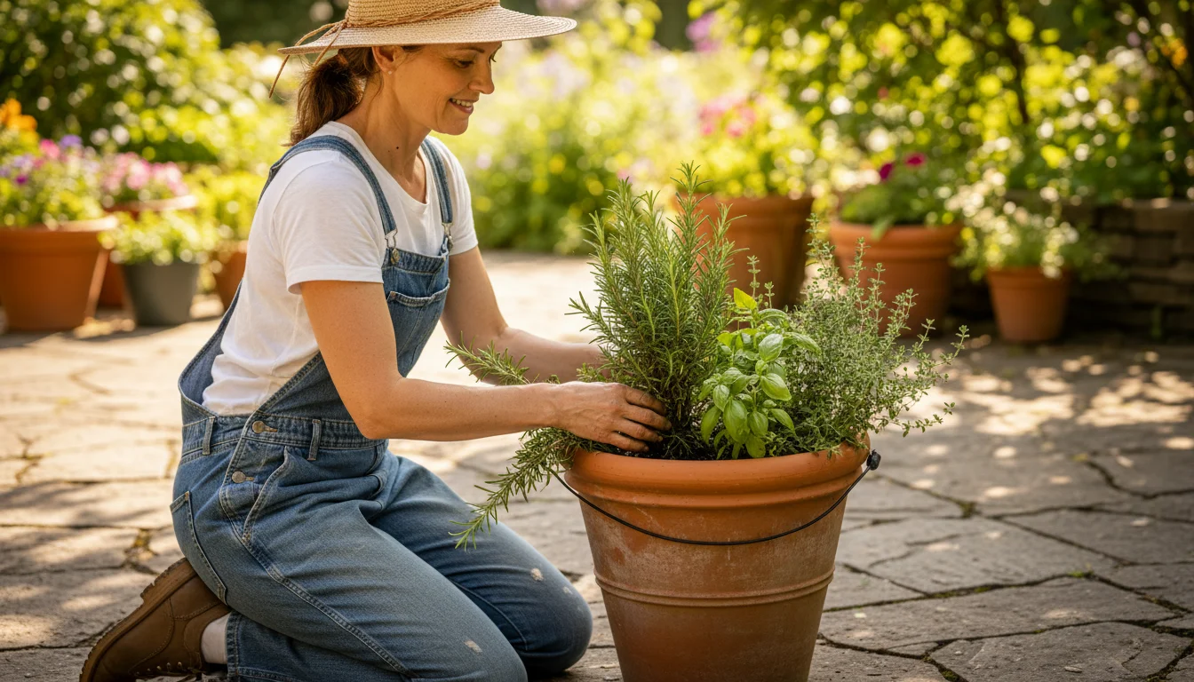 Woman kneels on a sunlit patio, gently parting container garden foliage to carefully inspect a low-voltage lighting wire and its connection.