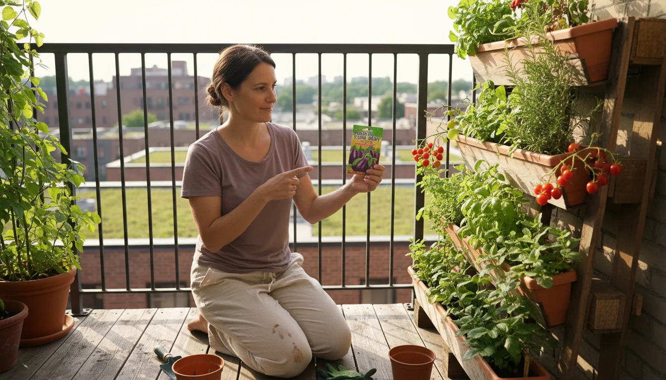 Woman kneels on a sunny balcony, contemplating planting a seed packet into a multi-tiered vertical garden brimming with plants.