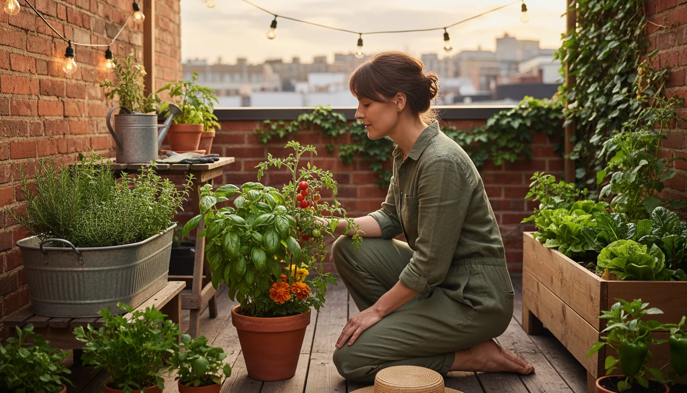 A woman kneels, thoughtfully observing companion herbs and vegetables in diverse containers on a small, sun-dappled urban patio.