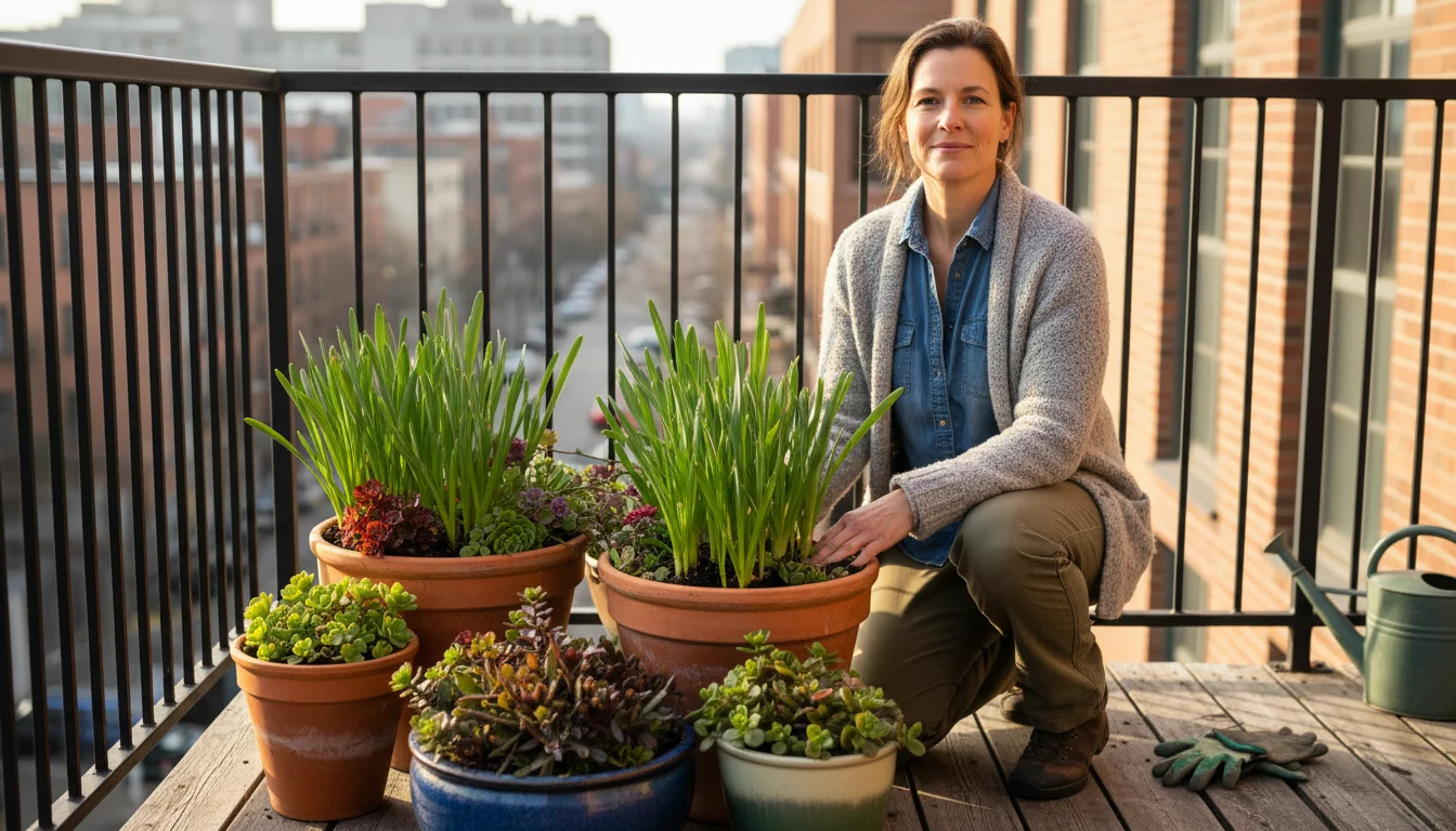 Woman kneels on an urban balcony, observing healthy, emerging bulb foliage in diverse container pots.