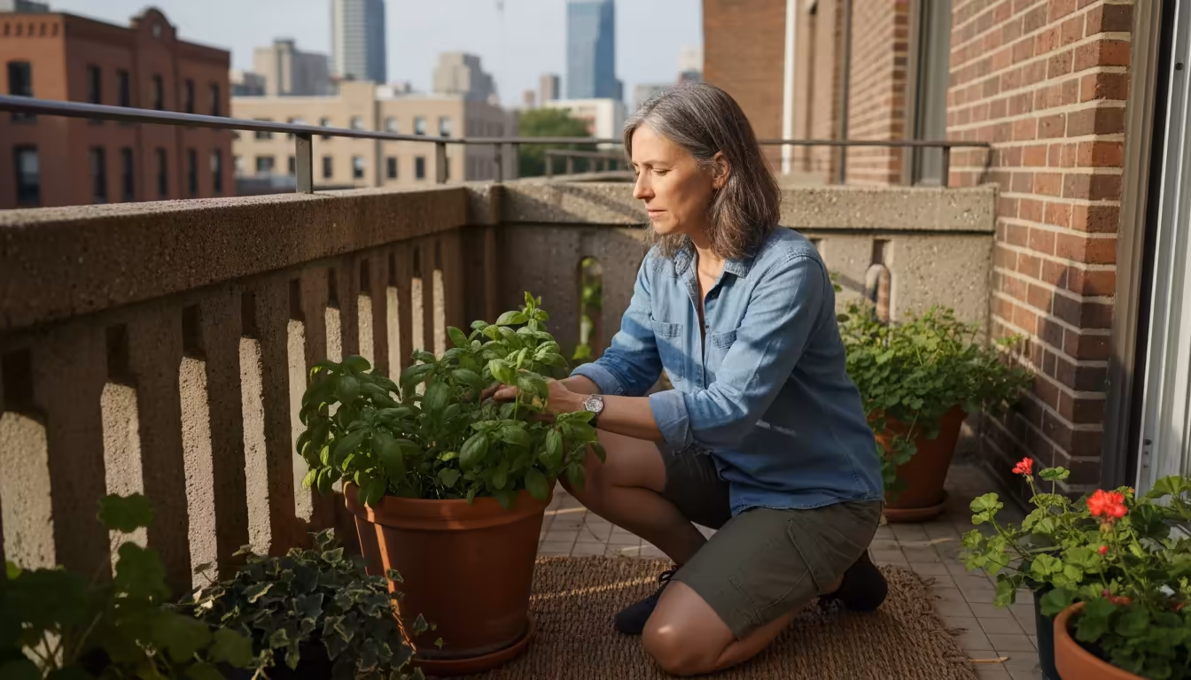 A woman kneels on an urban balcony, thoughtfully observing a sharp shadow line on the concrete floor near a potted basil plant, assessing sun movement