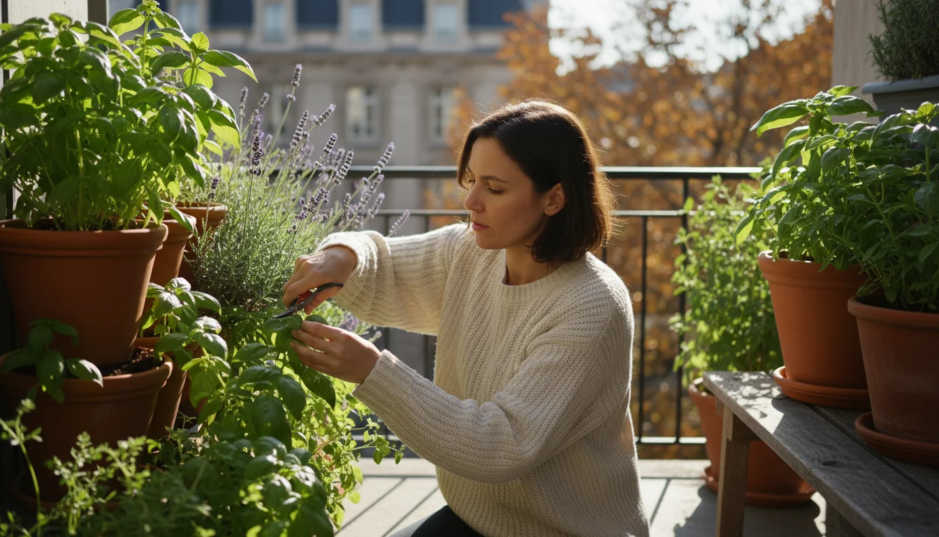 Woman in knit sweater on a sunny balcony, poised with shears to harvest vibrant basil and lavender from pots and a vertical planter.