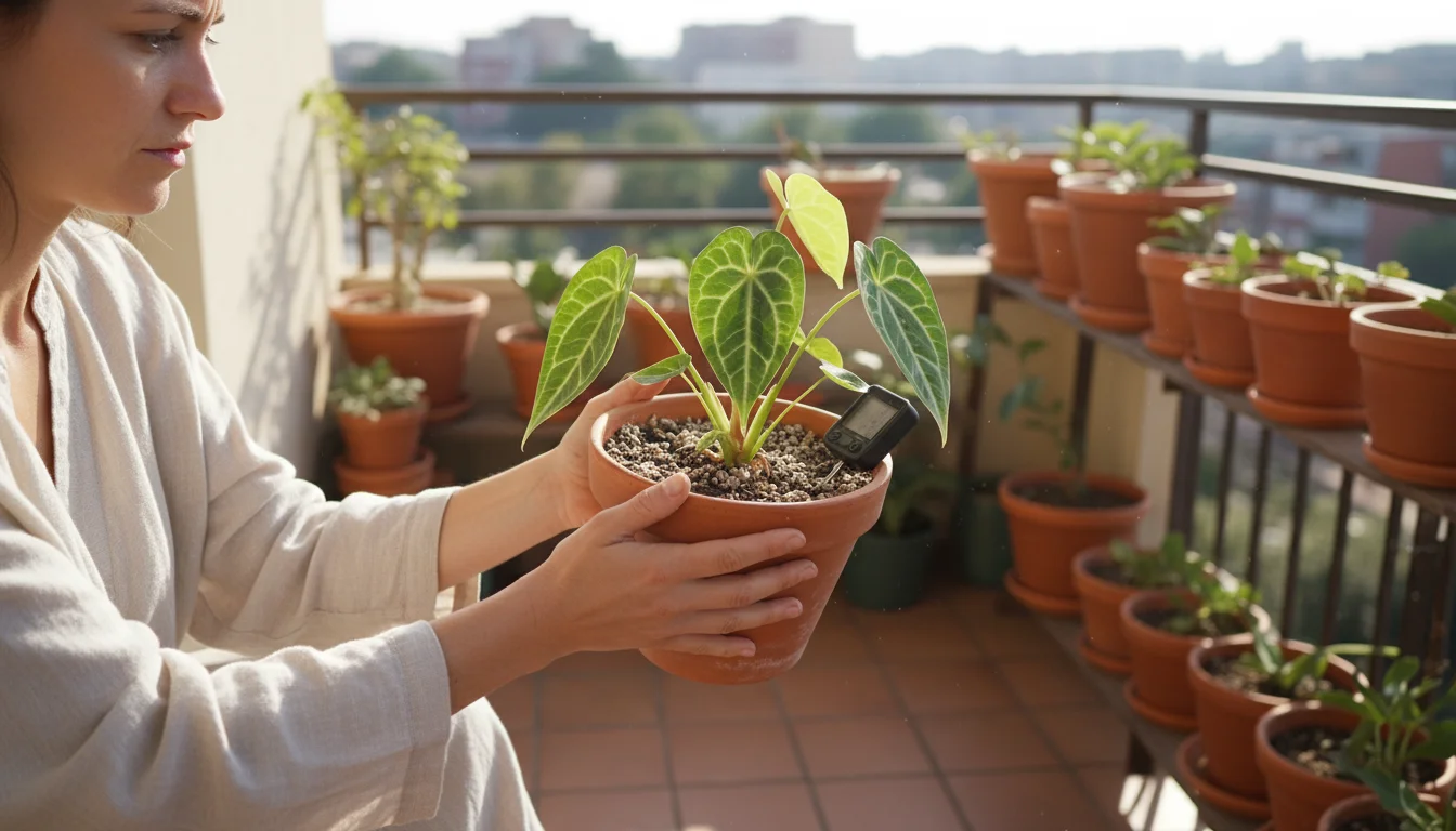 Woman gently lifts terracotta pot with rare Anthurium plant on sunny balcony. Dry soil and subtle leaf droop visible, moisture meter on rim.