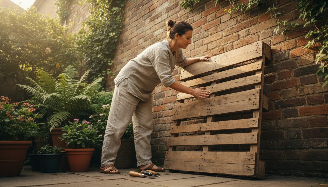 Woman in linen carefully inspects an old wooden pallet for damage and contamination, leaning against a sunlit brick patio wall.