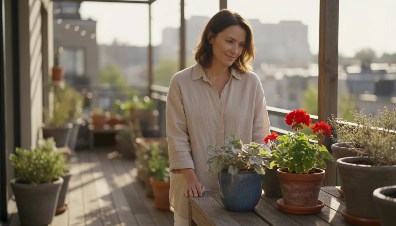 Woman in linen shirt on a sun-dappled balcony, thoughtfully observing a cluster of diverse container plants in various pots.