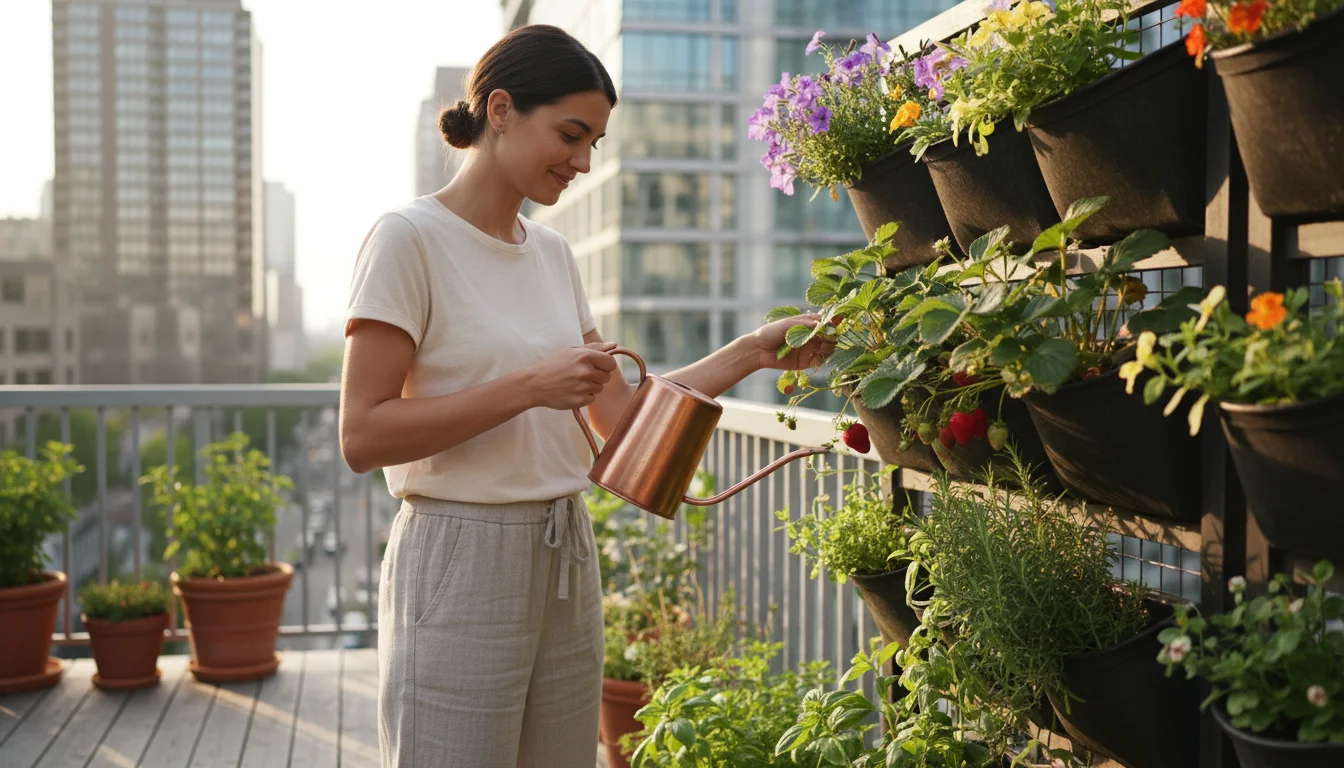 A woman in a linen shirt gently waters a thriving strawberry plant in a mid-level pocket of a lush vertical garden on an urban balcony.