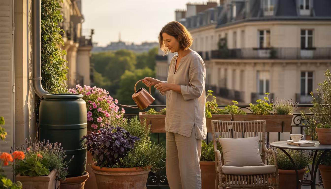 A woman meticulously waters a balcony container plant using a sleek watering can, with a compact rain barrel visible, embodying smart water management