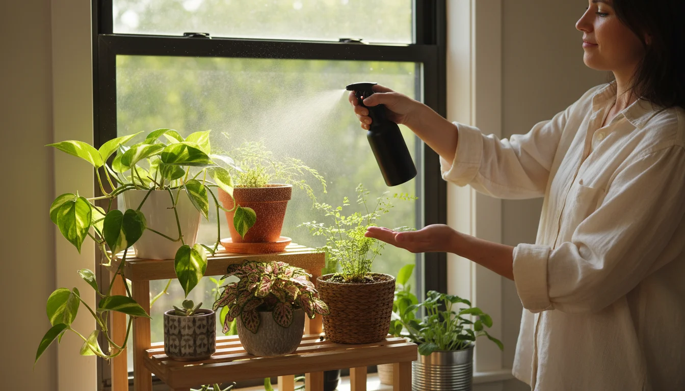 A woman gently mists a collection of small potted plants on a sunny indoor plant stand, with visible fine water spray.