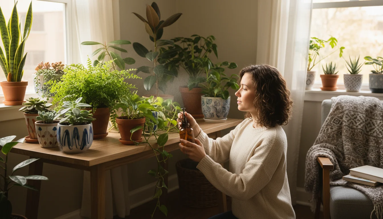 Woman gently mists a vibrant fern amidst other healthy houseplants in terracotta and ceramic pots on a wooden table and windowsill.