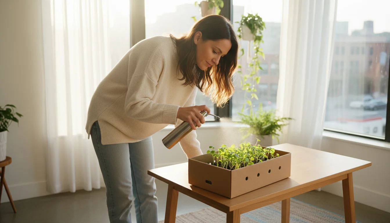 A woman gently mists vibrant green seedlings growing in a minimalist brown shoebox on a light wood table, bathed in soft morning sunlight.