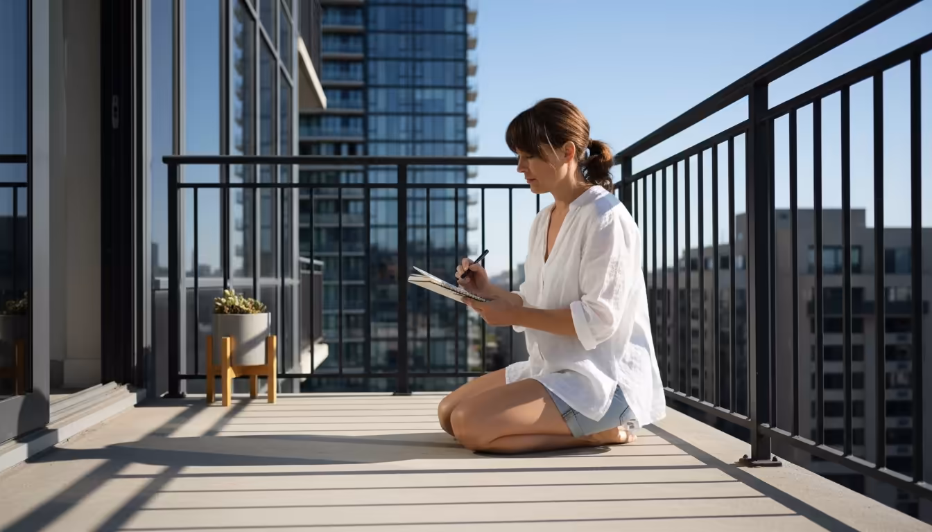 Woman on a modern urban balcony kneels, sketching distinct railing shadows in a notebook to map sun and shade patterns.