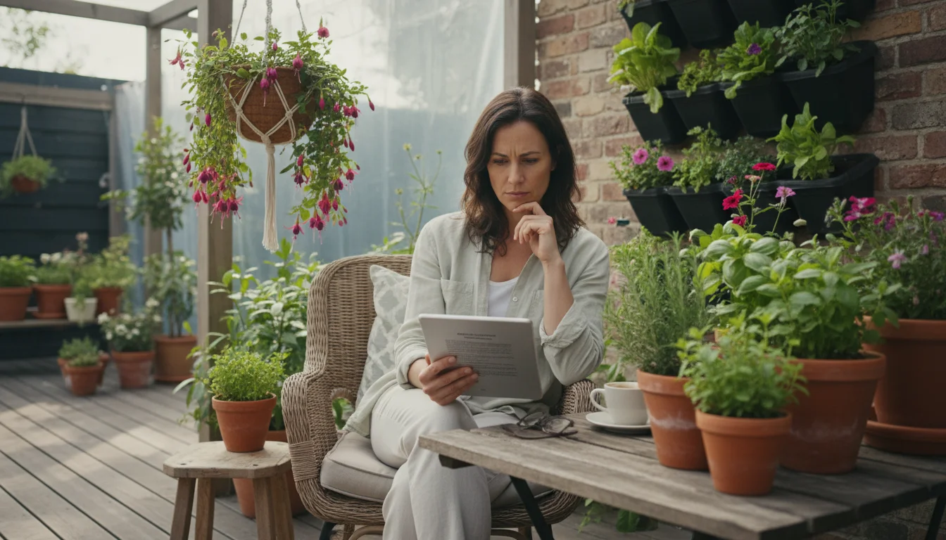 Woman on patio chair reviewing a tablet with a privacy policy, surrounded by container plants like herbs and a hanging basket.