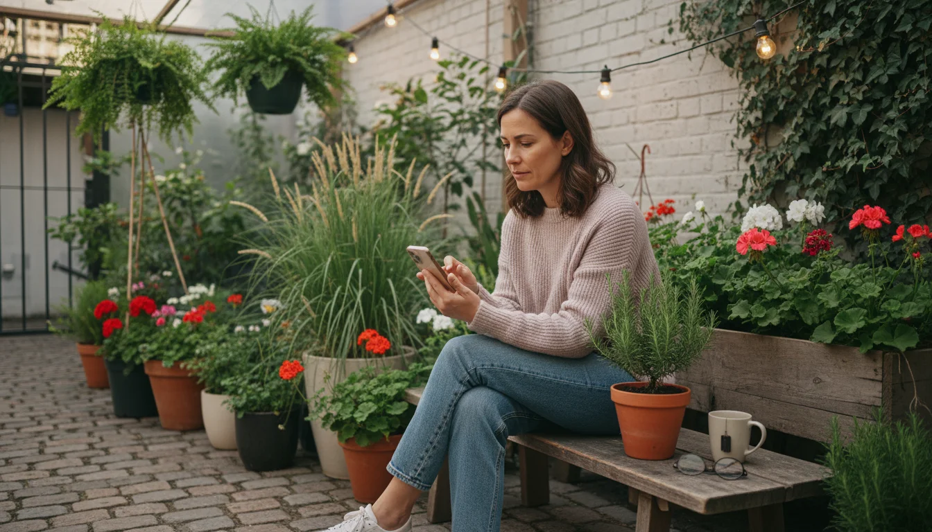 Woman on patio reads phone, glancing at potted rosemary. Container plants & vertical garden in background.