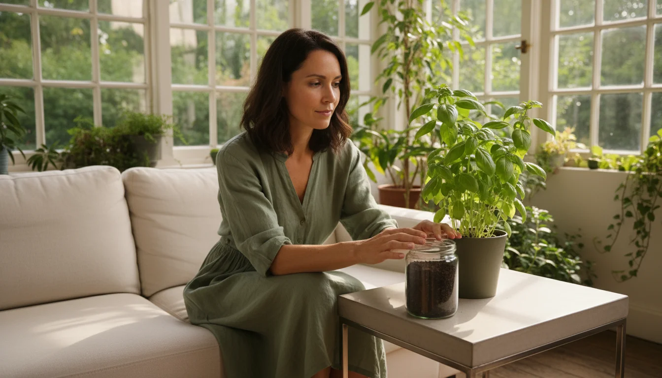 A woman on a patio thoughtfully observes a thriving potted herb and a clear jar of dark soil on a modern side table.
