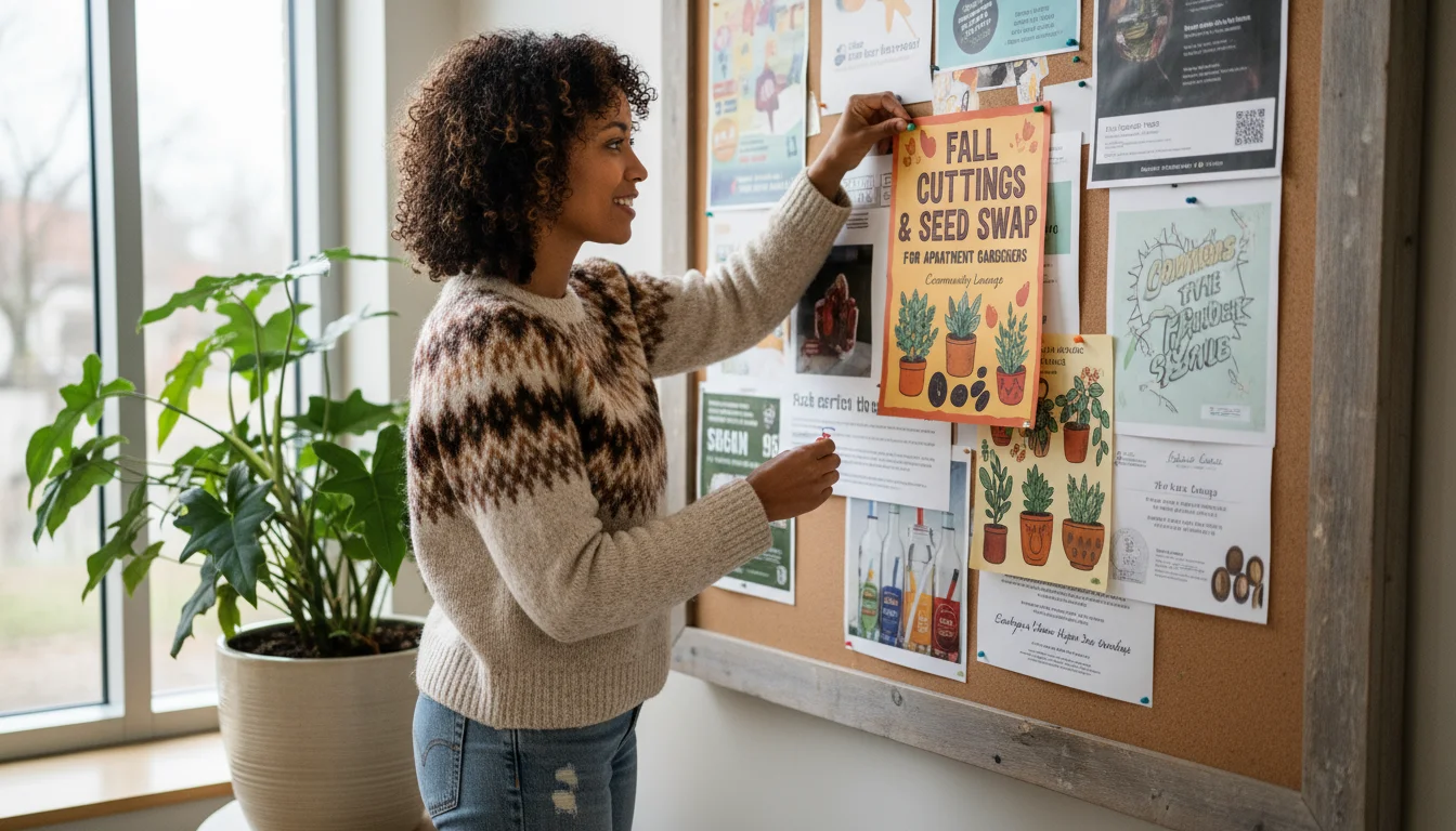 Woman pinning a vibrant 'Fall Cuttings & Seed Swap' flyer to a busy community cork board in a cozy, well-lit space.