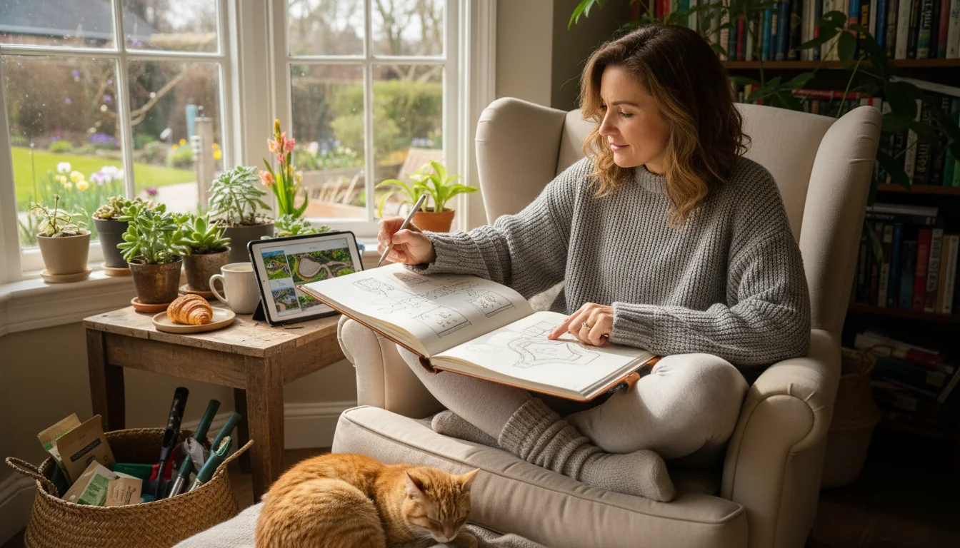 Woman planning a balcony garden on a tablet with seed packets and a houseplant nearby.