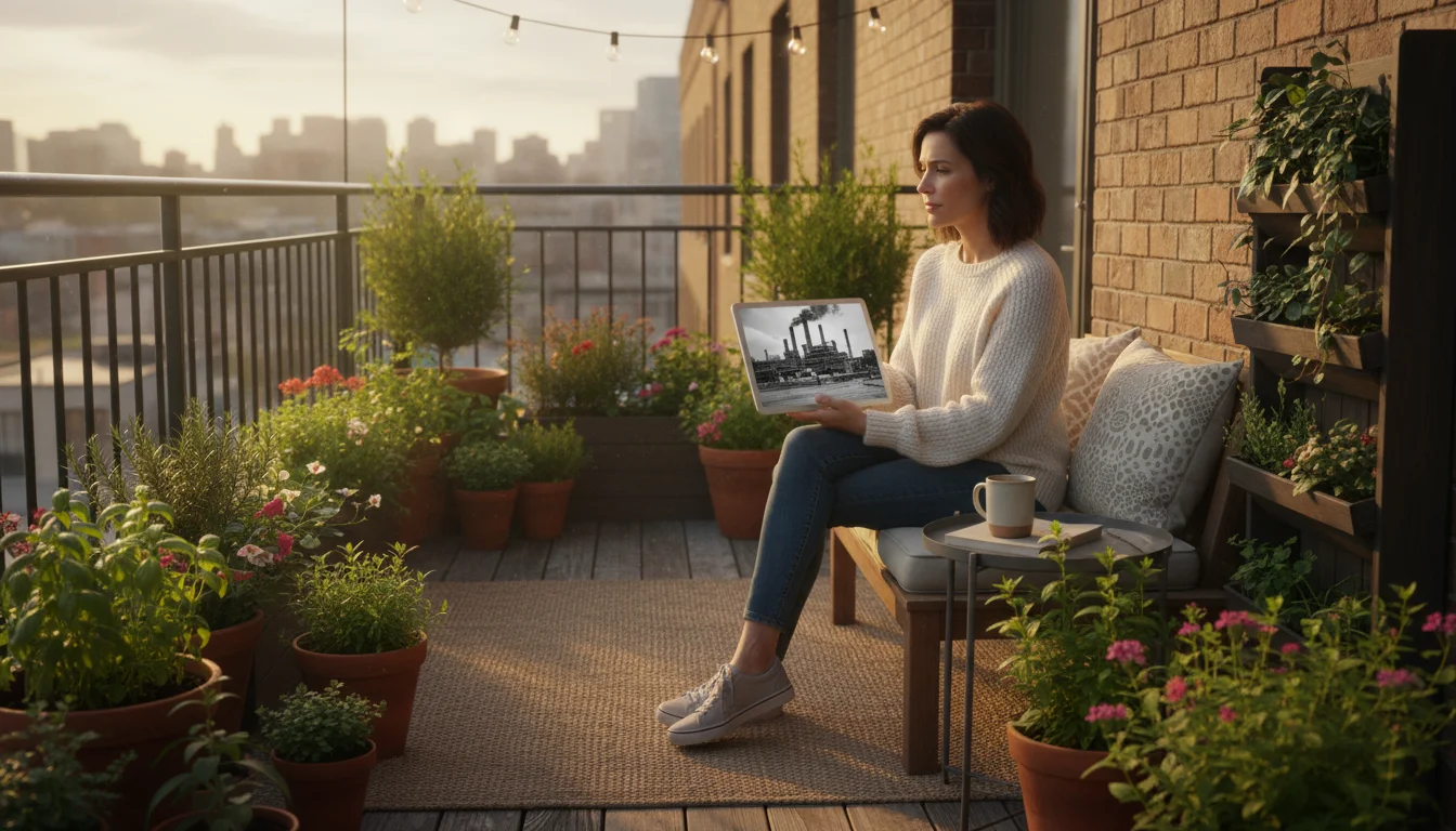 A woman on a plant-filled balcony looks at a tablet displaying a large, industrial HID grow light, contrasting it with her small garden.