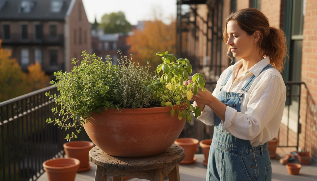 Woman prunes a 'Pizza Pot' with thriving oregano and thyme, and fading basil, on a sunlit urban balcony in autumn.