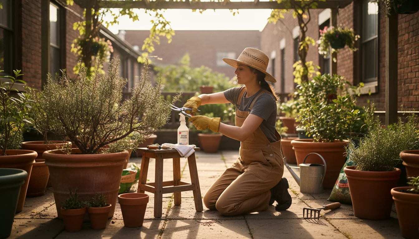 A woman carefully prunes a rosemary plant in a large terracotta pot on an urban patio, with sharp shears and sanitizing spray visible.