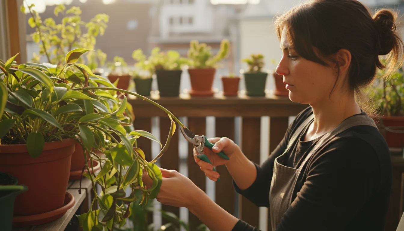 A woman prunes a tall plant in a terracotta pot on an urban balcony, focused on the task.