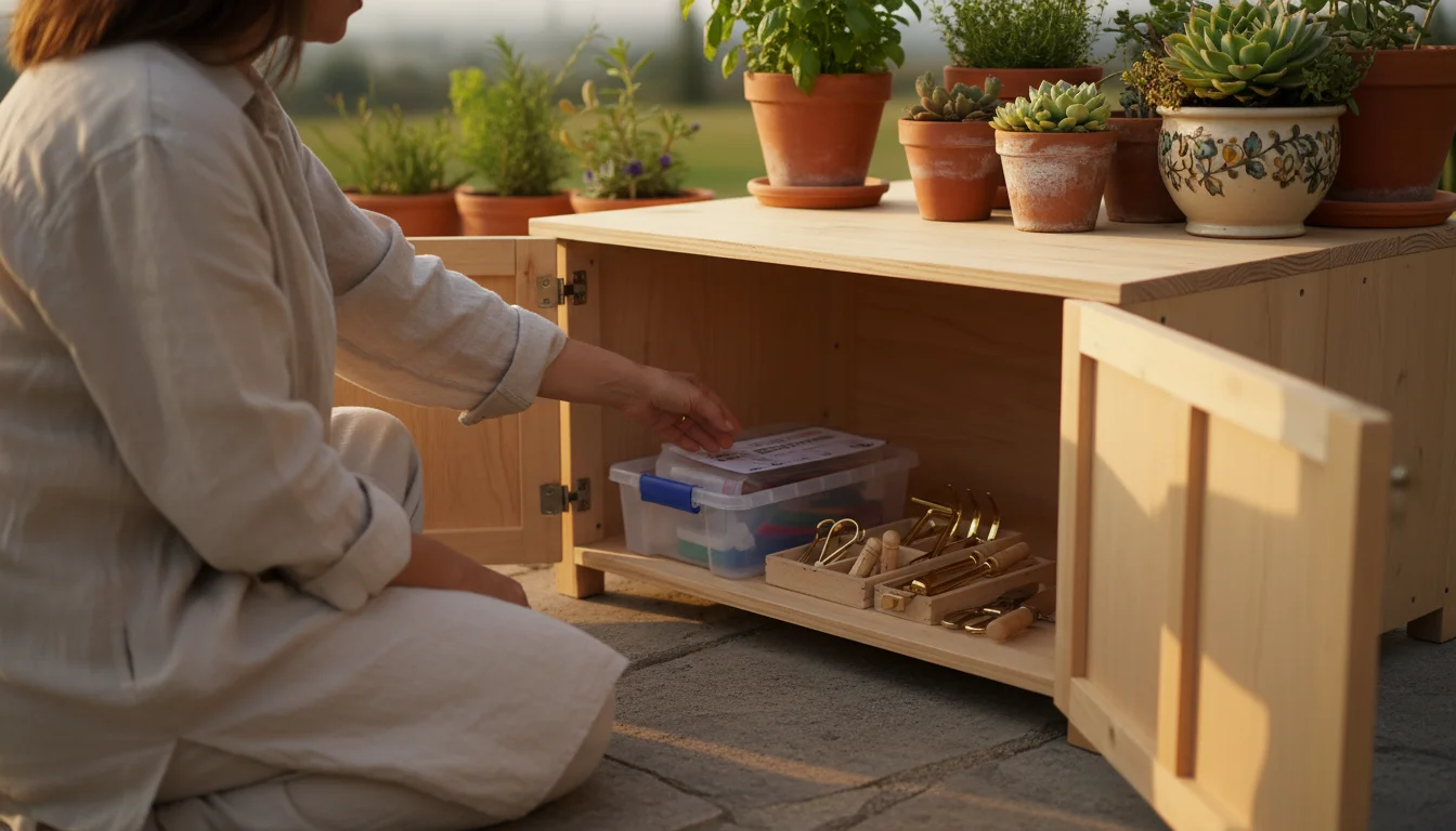 Woman reaching into an organized patio cabinet, accessing a DIY soil test kit stored in a sealed plastic container.