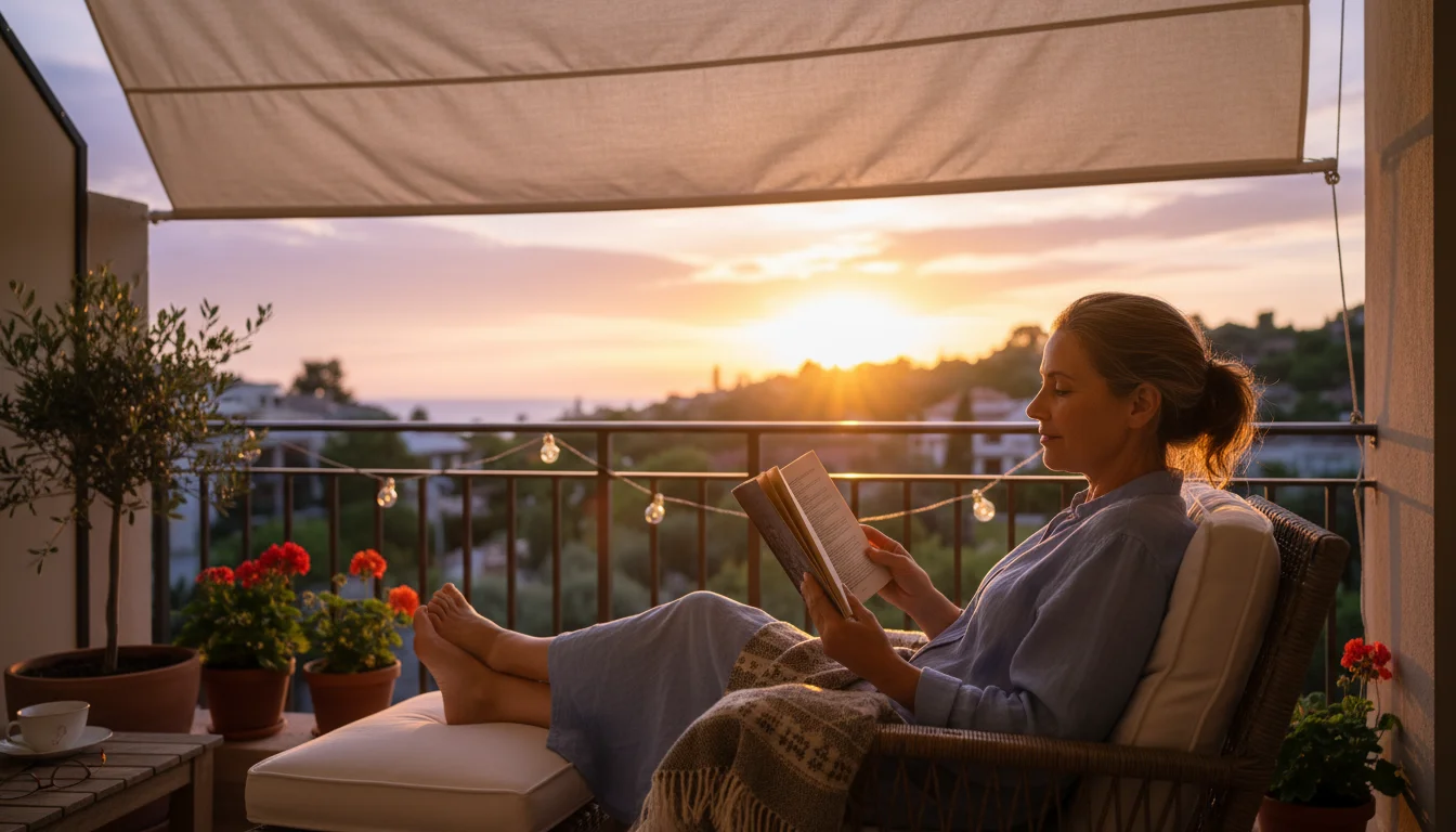 A woman reads comfortably under a retractable shade sail on a small balcony, surrounded by container plants and a vertical garden.