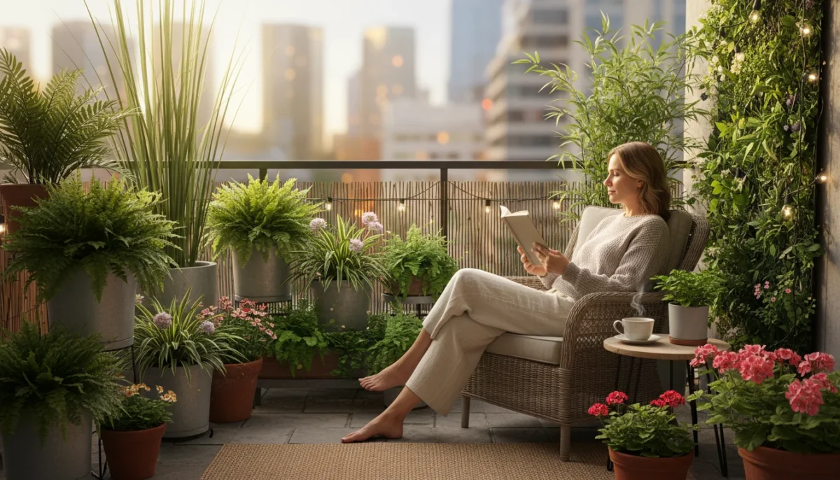 Woman reads peacefully in a private patio corner, surrounded by a lush plant screen of containerized bamboo, ferns, and a vertical herb garden.
