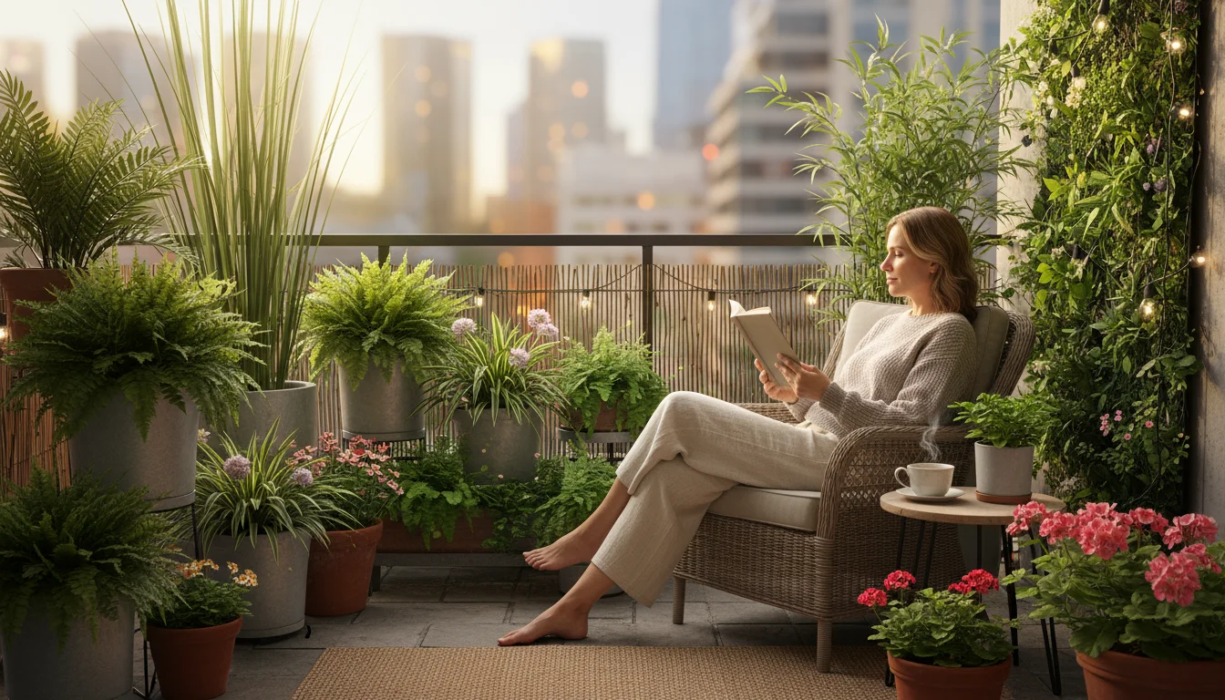 Woman reads peacefully in a private patio corner, surrounded by a lush plant screen of containerized bamboo, ferns, and a vertical herb garden.