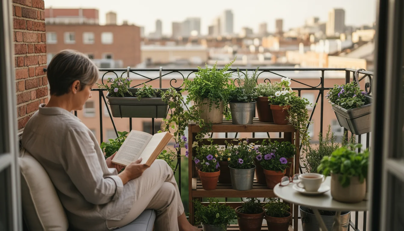 Woman reads in a small, plant-enclosed balcony nook, facing a serene display of potted ferns and a water basin, under soft afternoon light.