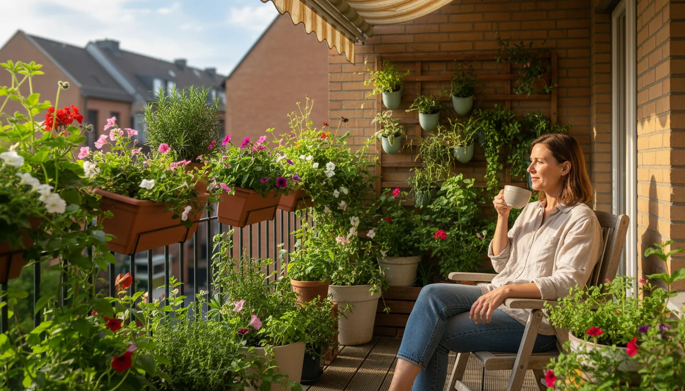 Woman relaxing on a sunlit urban balcony, enjoying her vibrant container and vertical garden filled with plants and herbs.