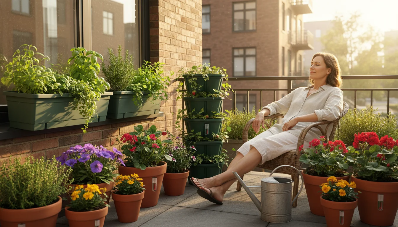 A woman relaxing on a sunlit urban patio, calmly observing her lush, thriving container garden. An unused watering can sits nearby.