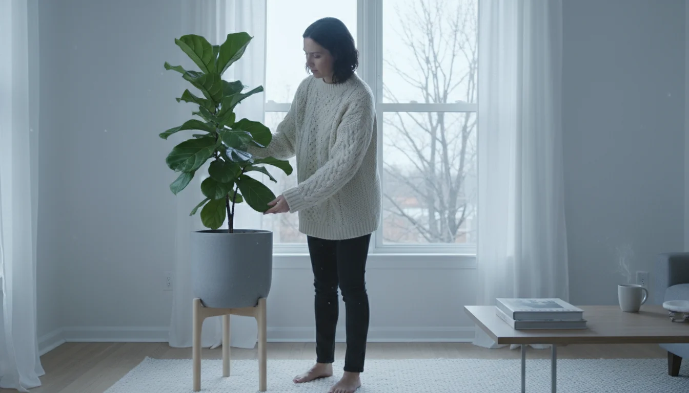 A woman rotates a Fiddle Leaf Fig plant on a stand by a window, assessing winter light.