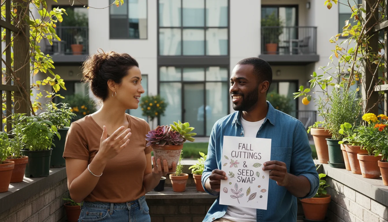 A woman shows a succulent cutting to a man holding a plant swap flyer on an apartment patio.