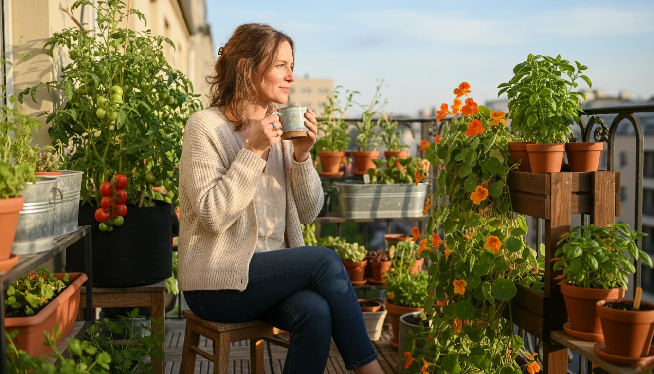 Woman sips coffee on a sun-drenched balcony, admiring her vibrant container garden with herbs, flowers, and a tomato plant.