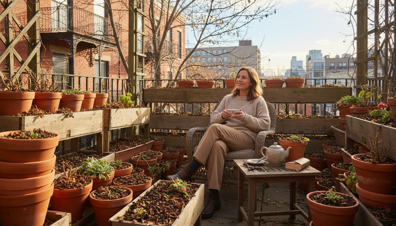 A woman sips tea on a sun-dappled patio, surrounded by container plants with neatly chopped, dried foliage mulching the soil.